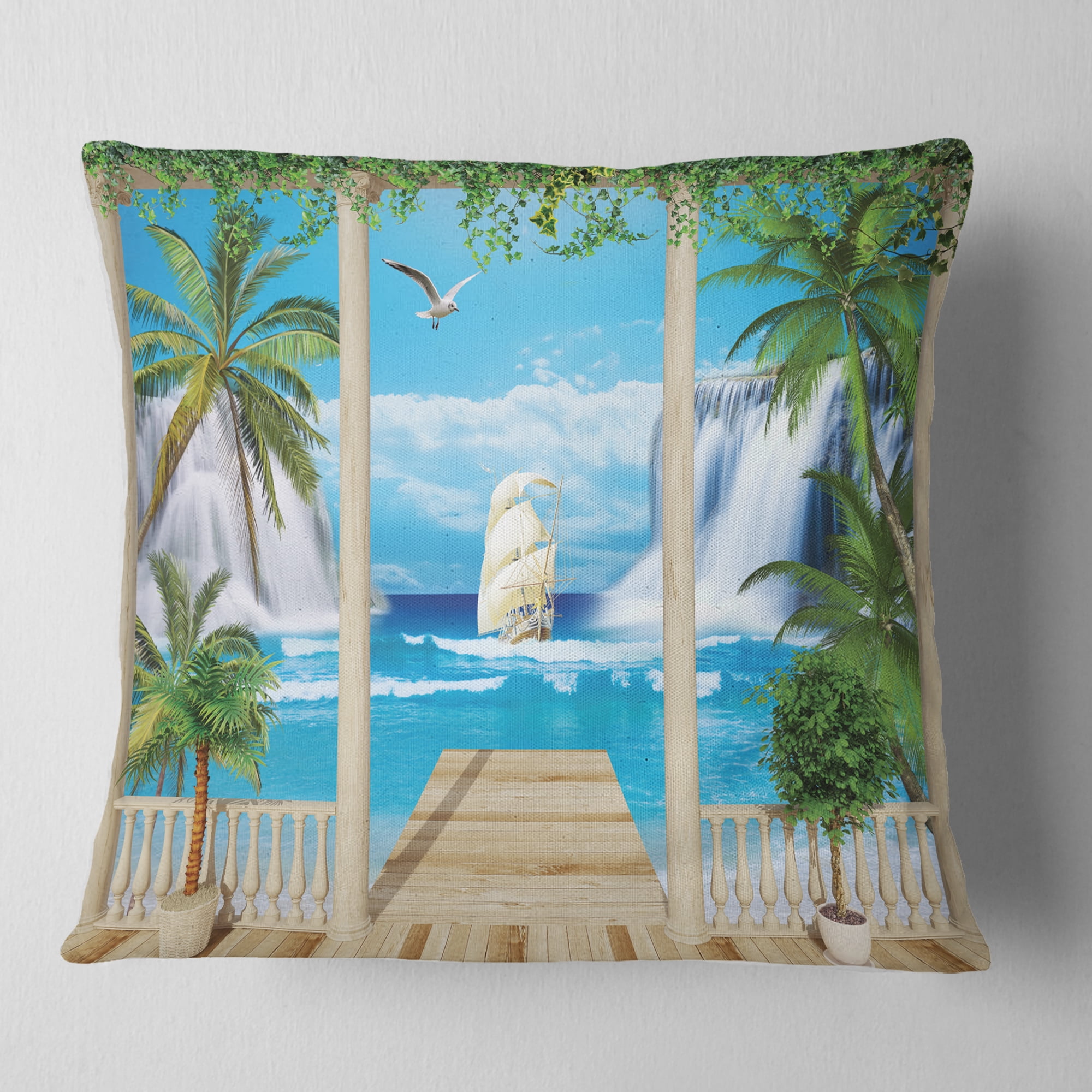 Designart Wooden Terrace with Sea View - Landscape Photography Throw Pillow - 18x18