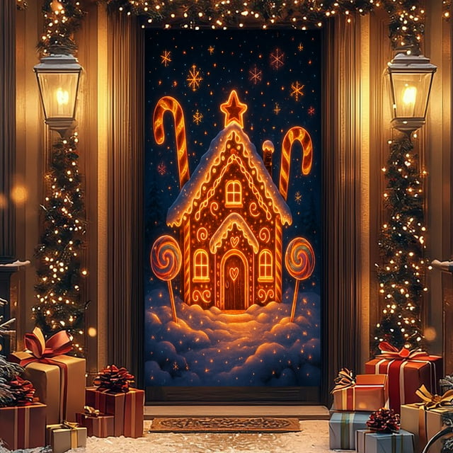 Cortina navideña para puerta | Tela de poliéster impermeable | Cubierta gruesa para puerta festiva de 45 x 228 cm | Impresión de alta definición resistente a la decoloración | Bordes de doble