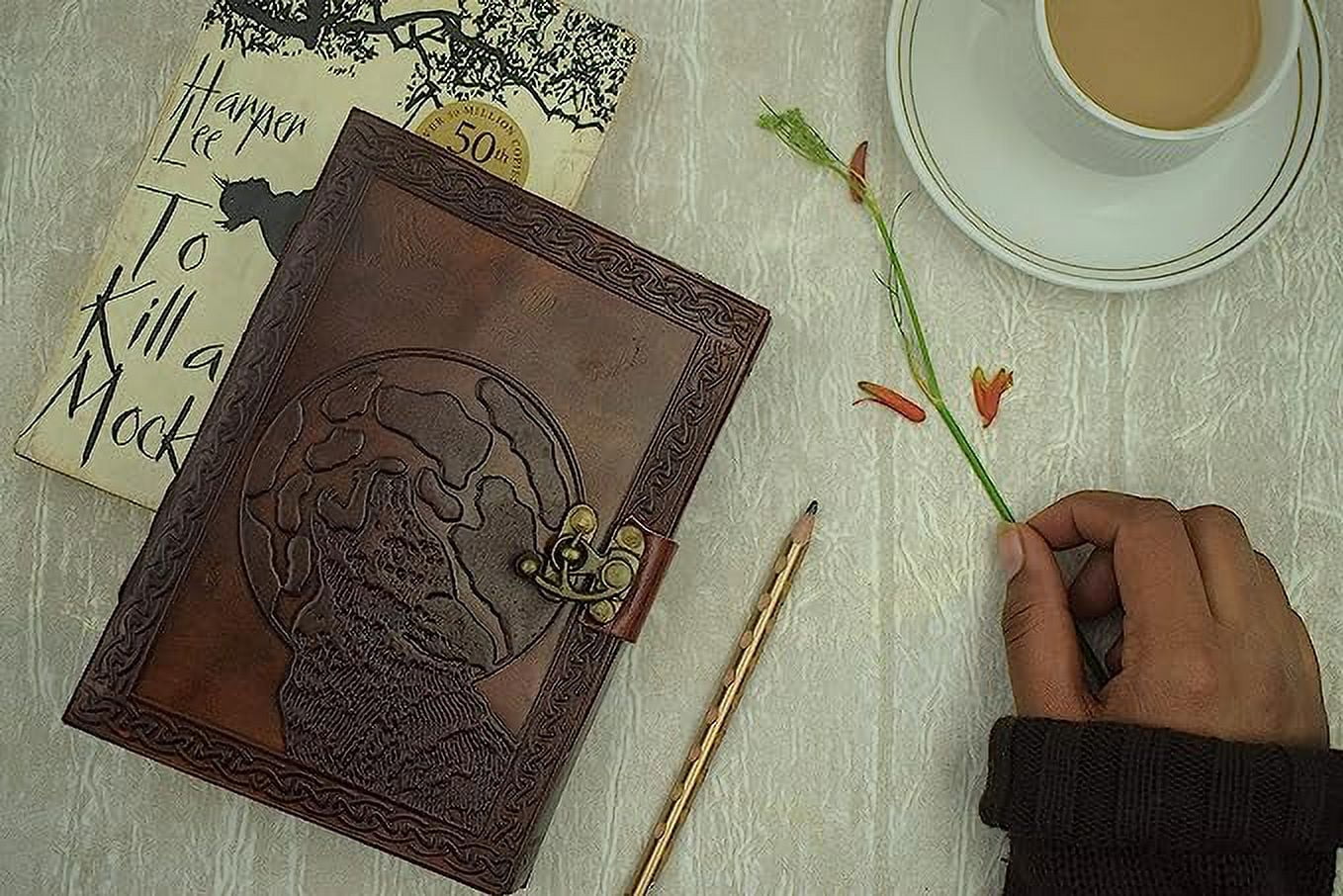 OVERDOSE Wolf Leather Journal With Brass C-Lock - Handmade Journal For Students, Office Bound Leather Journal for men & women | Sketchbook| Notebook Diary - 5 x 7 inches | 12 x 17 cm | A6