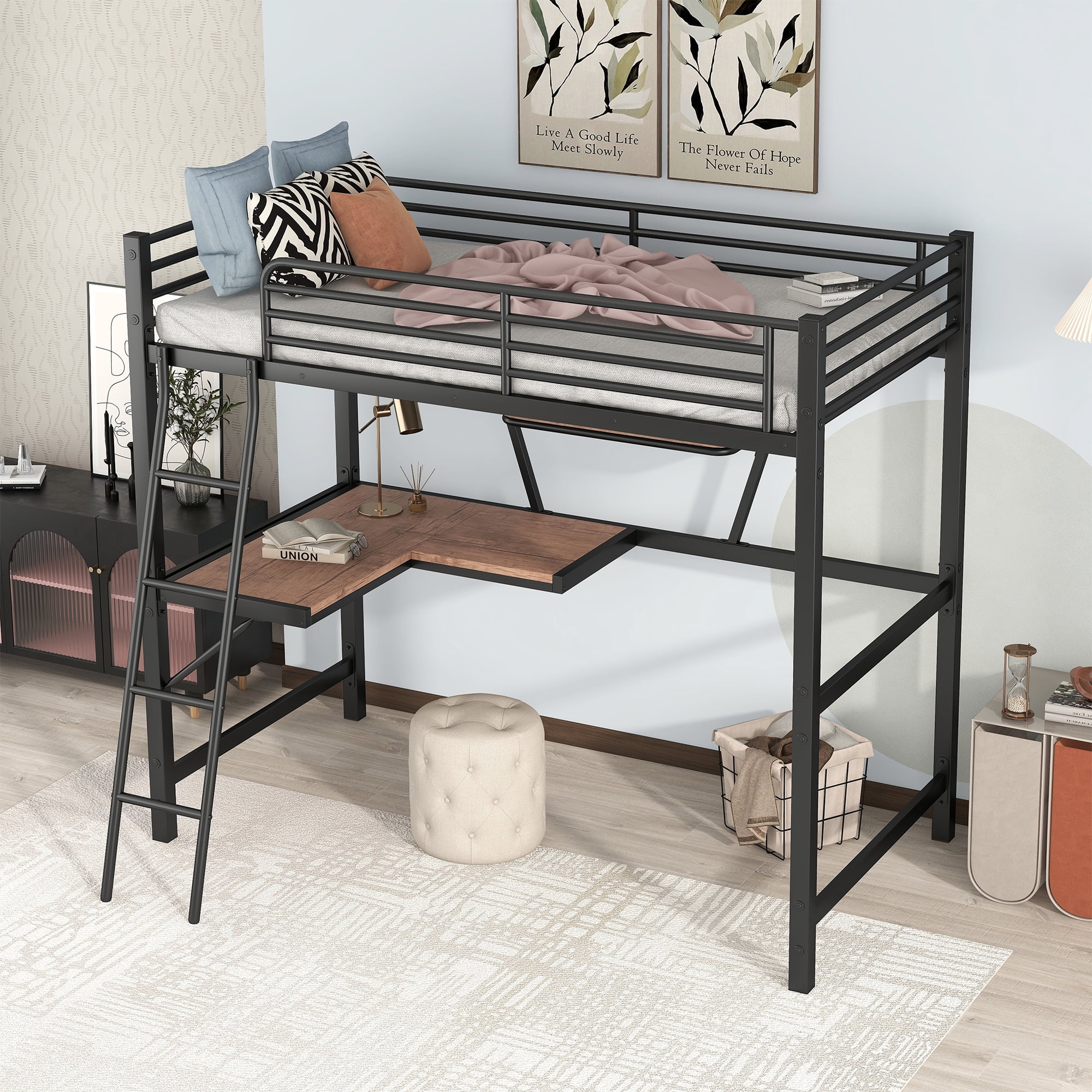 Nestfair Twin Size Metal Loft Bed with Desk, Black