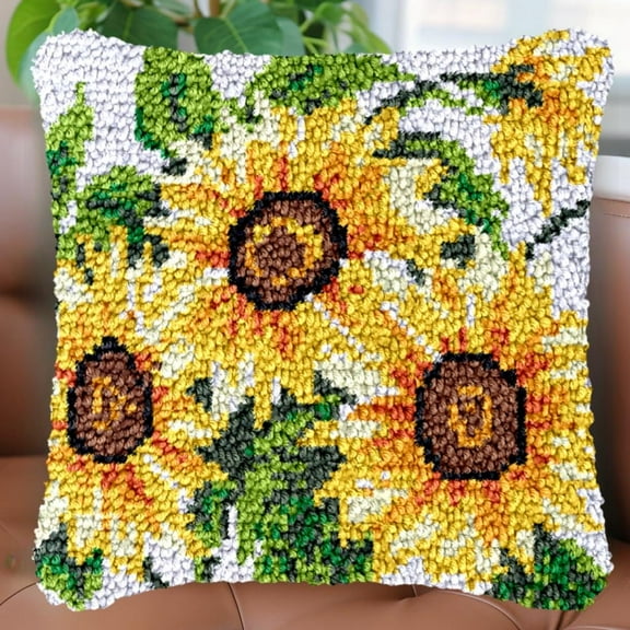 Sunflowers Latch Hook kits Pillow Printed Canvas Cushion Crochet Yarn Needlework Hook Latch Kit DIY Embroidery Pillowcase Rug Cover Home Sofa Christmas Decoration 43x43cm(7)