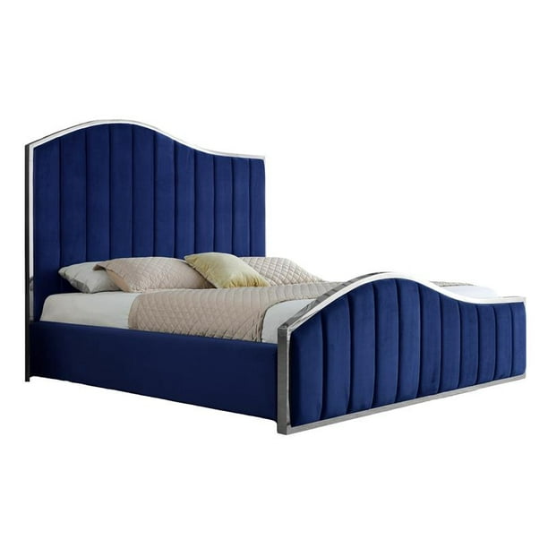 Blue Velvet Platform Bedframe W Vertical Tufts And Silver Accents Cal King Com Blue Velvet Platform Bedframe W, Tall California King Platform Bed