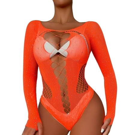 Weyolog Women s Underwear and Bras  Ladies Cute Underwear Long Sleeve Mesh Transparent Hollow Cute Underwear Jumpsuit  Womens Underwear Brown One Size