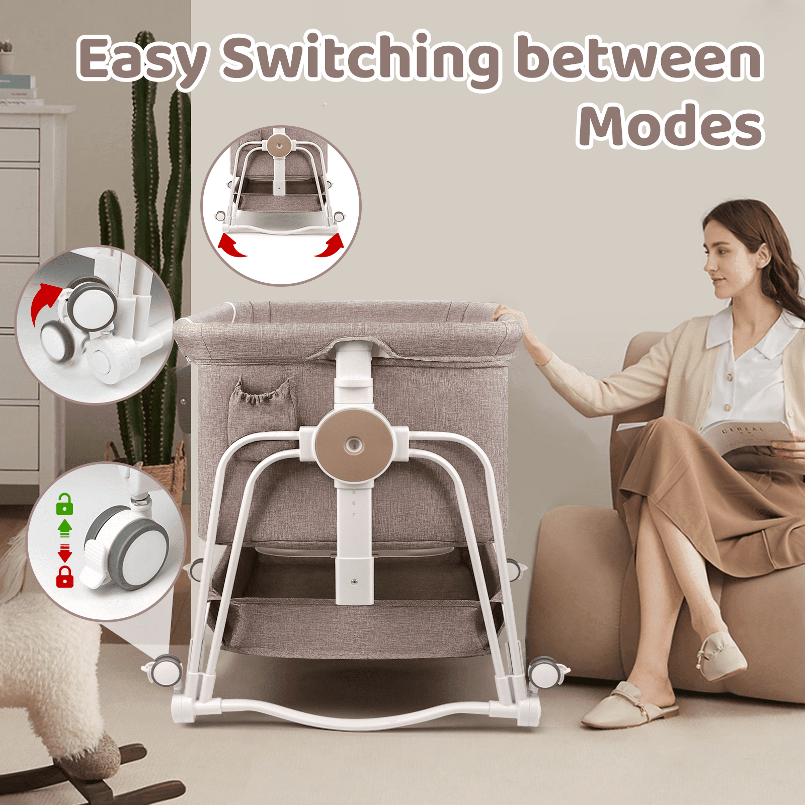 PRVAETU 4-in-1 Baby Bassinet & Bedside Sleeper for Babies, 7-Level Height Adjustable, Wheels with Storage Basket, Breathable Mesh,Khaki