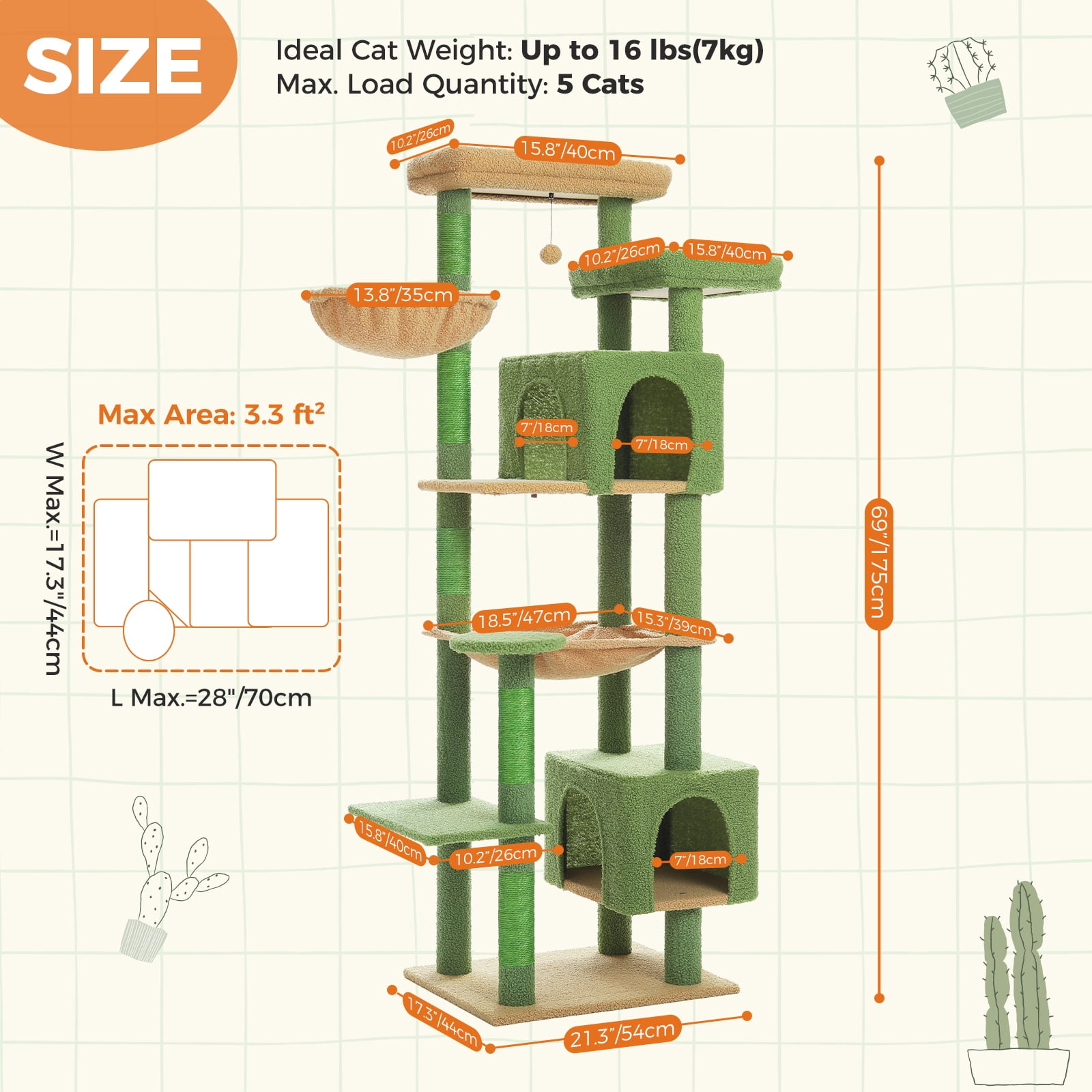 Pefilos 69" Tall Cat Tree for Indoor Large Cats with Hammock, Cat Climbing Tree Tower with Scratching Posts, Condo House and Top Perch, Green