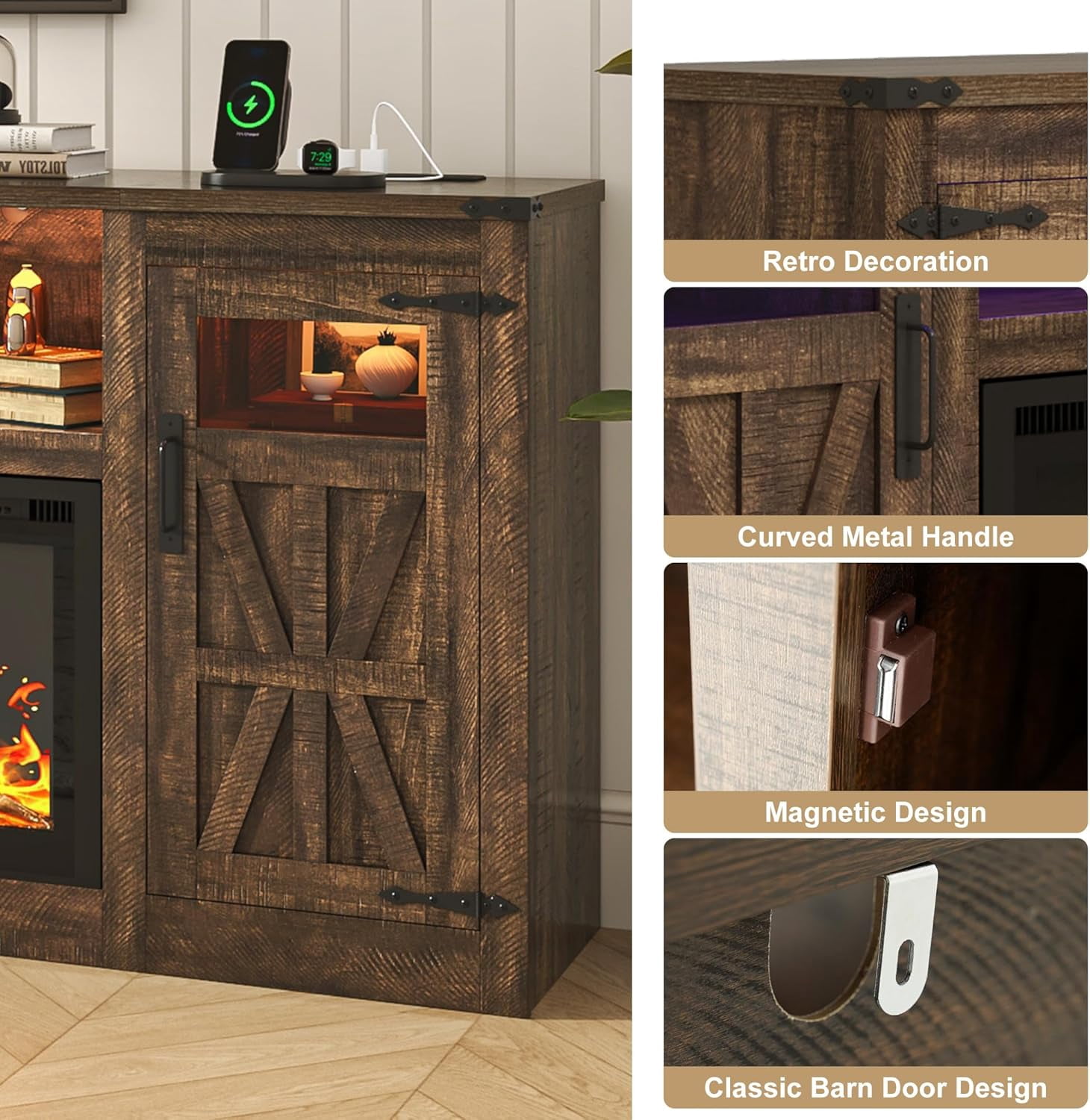 ChVans 95" Farmhouse Fireplace TV Stand for 90/100"TV with 60'' Electric Fireplace, LED Large Entertainment Center with Lights & Power Outlets & 2 Barn Doors Storage Cabinet for Living Room, Brown