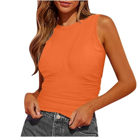 Chbgutlmr Going out Tops for Women Crewneck Sleeveless Slim Fitted Side Ruched Comfy Summer Tank Tops