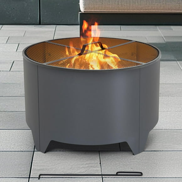Sunjoy Foyer extérieur rond de 66 cm (26 po), foyer à bois avec couvercle en PVC, Gris