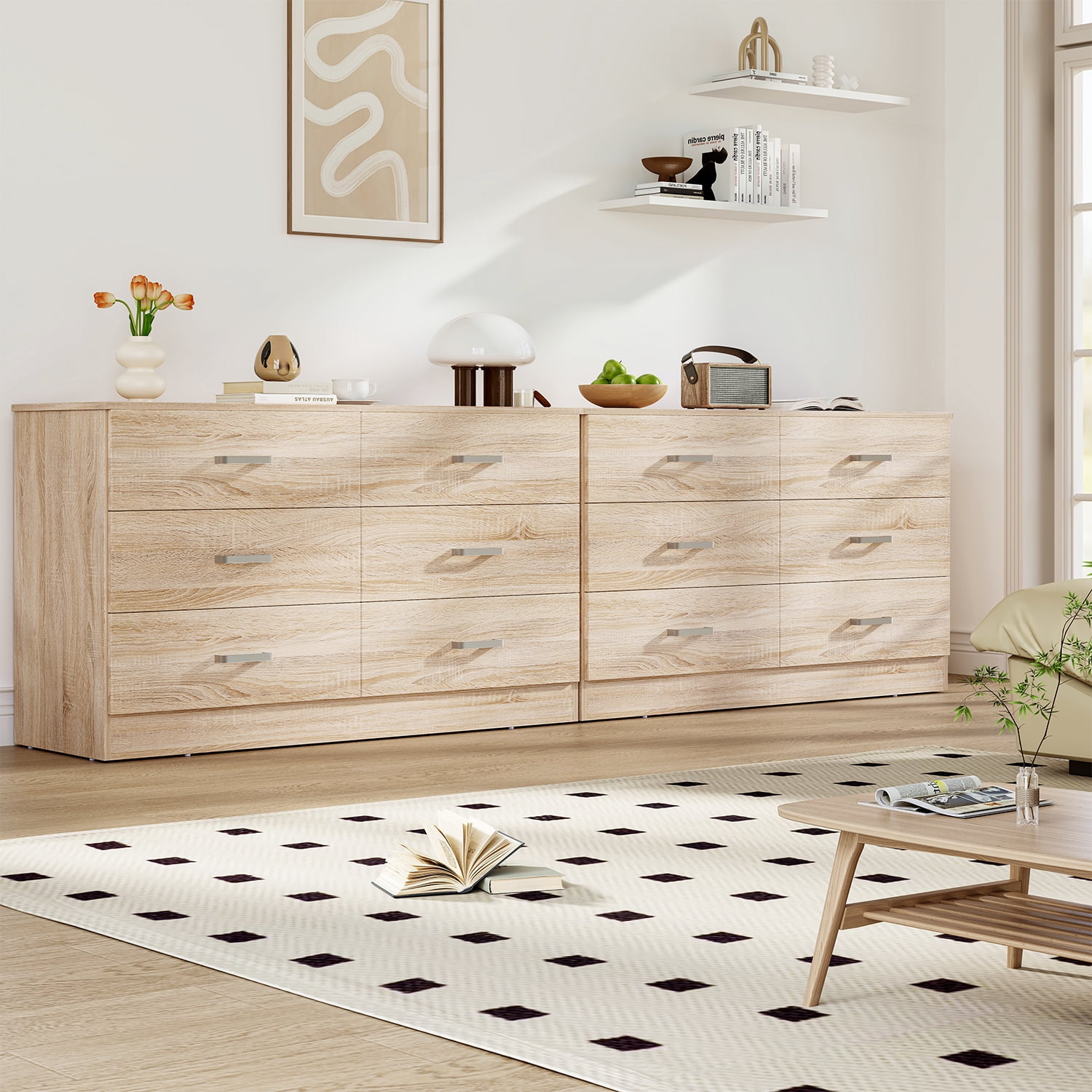 Winkalon 6 Drawer Oak Double Dresser,Wood Storage Cabinet with Easy Pull Out Handles for Living Room,Chest of Drawers for Bedroom