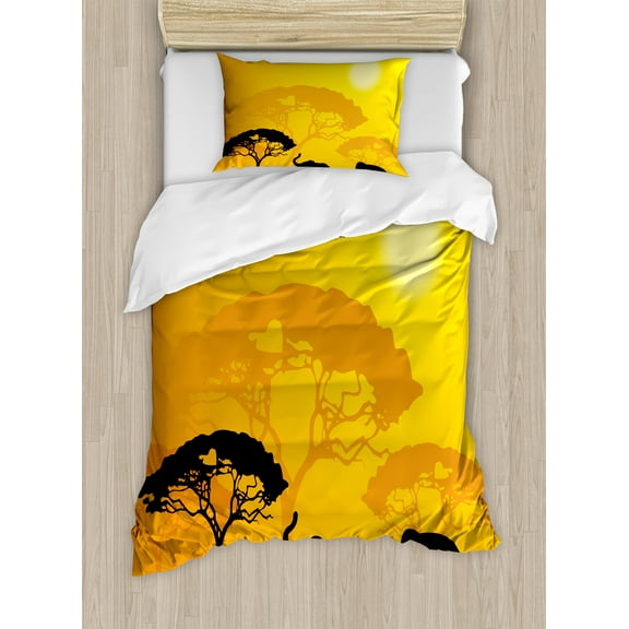 Savannah Duvet Cover Set, Wildlife Animals Sun Beams Trees Print Art Silhouettes Sunset Shadow, Decorative 2 Piece Bedding Set with 1 Pillow Shams, Twin Size, Earth Yellow Dark Brown, by Ambesonne
