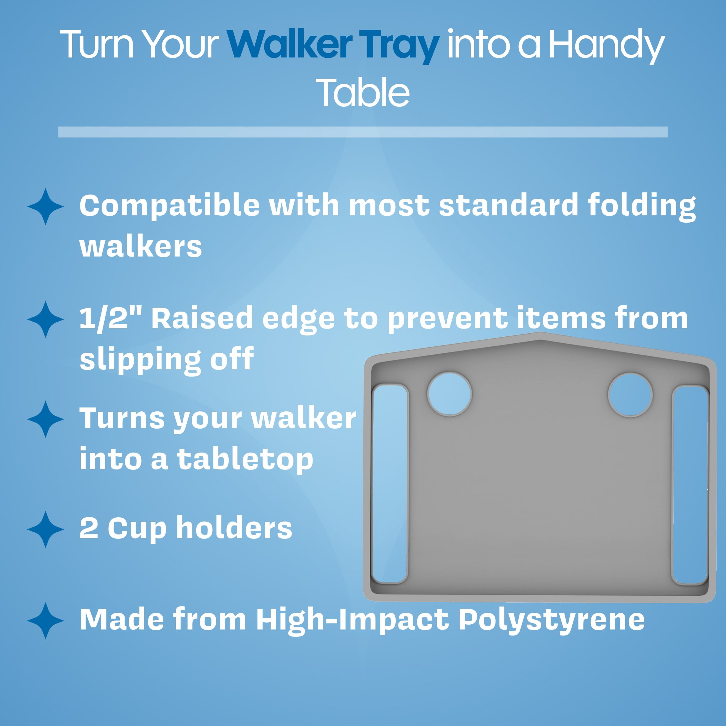 Walker Tray With 2 Cup Holders- Fits Most Standard Walkers- by Bluestone