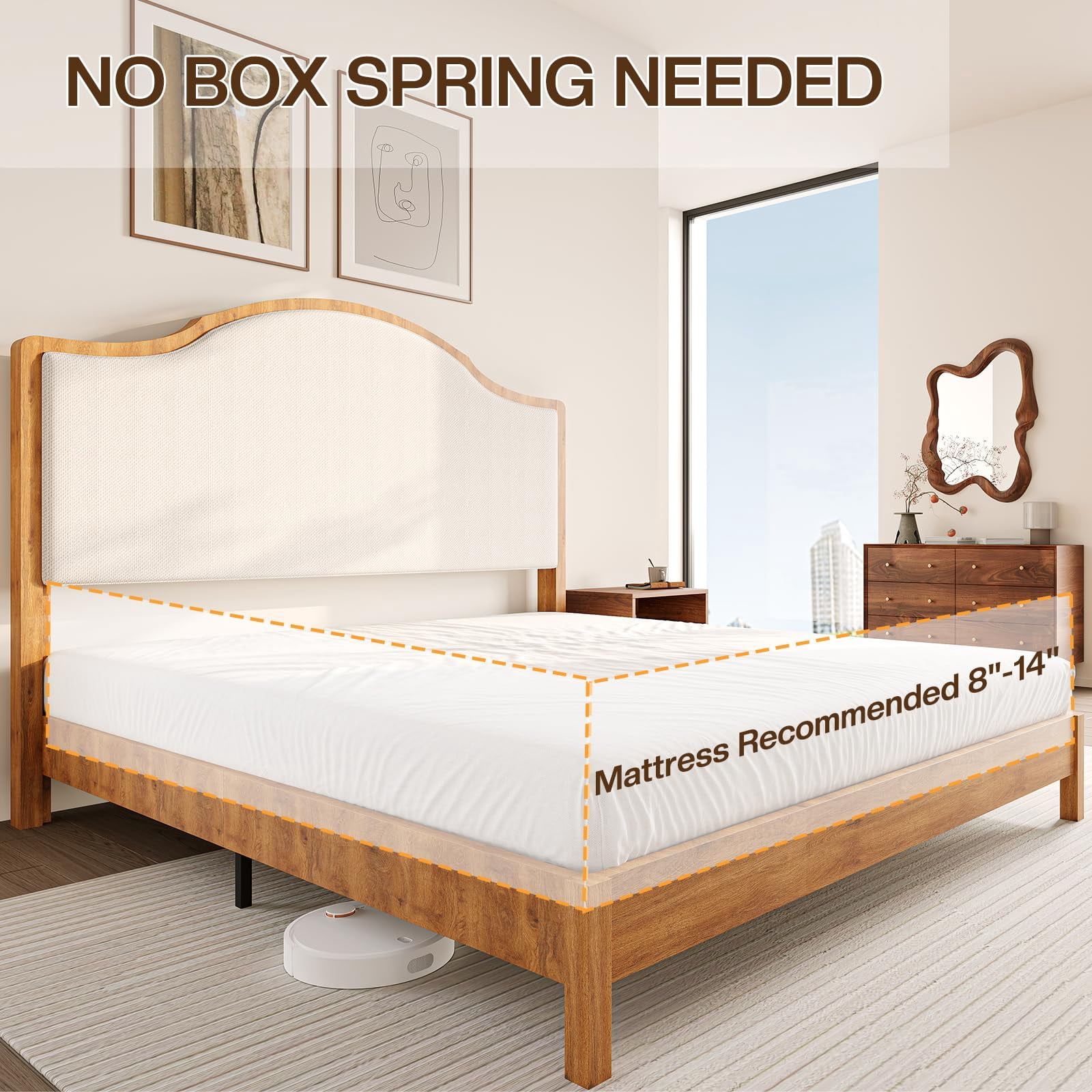 Merluxy Wooden Platform Queen Bed Frame with Upholstered Headboard Solid Wood Bed, No Box Spring Needed, Walnut
