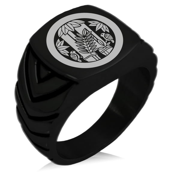 Stainless Steel Torii Samurai Crest Chevron Pattern Biker Style Polished Ring