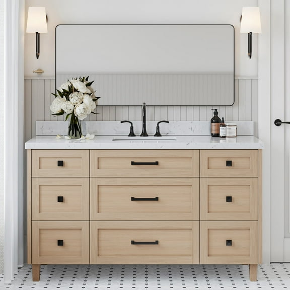 ARIEL Monroe 60 Inch Single Rectangle Sink Bathroom Vanity With Carrara White Quartz Countertop 1.5 Inch Edge In Oak