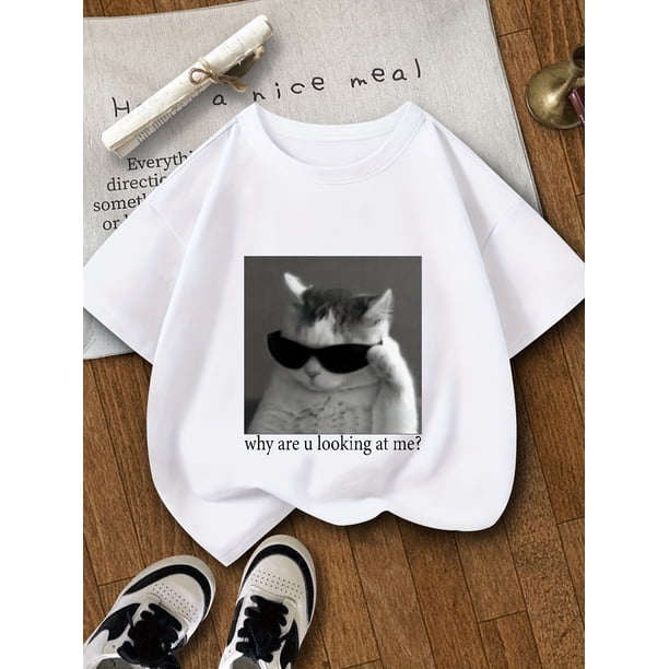 Chic Fashion Glasses Cat Graphic Tee for Girls - Comfy Polyester Blend, Round Neck Short Sleeve Summer Top, Perfect for Outdoor Play & Casual Wear, Ages 8-14