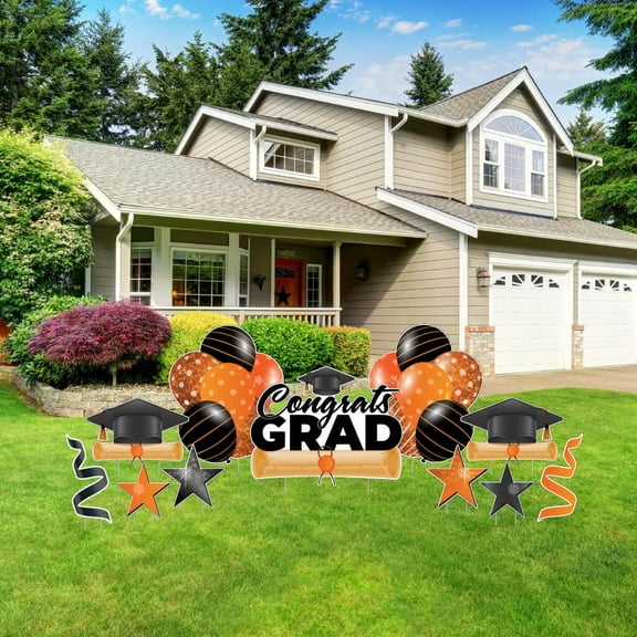 VictoryStore Congrats Grad Orange Graduation Yard Decoration Display, Outdoor Orange Graduation Decoration Display 11 Piece Set 20025G