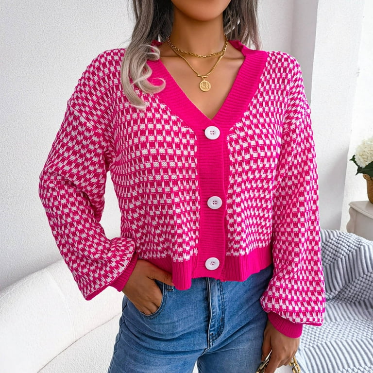 V-Neck Crop Hand-Knit Chunky Cardigan in Pink