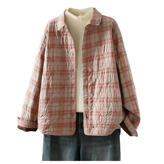 Lightweigh Quilted Jacket for Women Long Sleeve Outwear Fall Winter Plaid Puffer Jacket Pink M