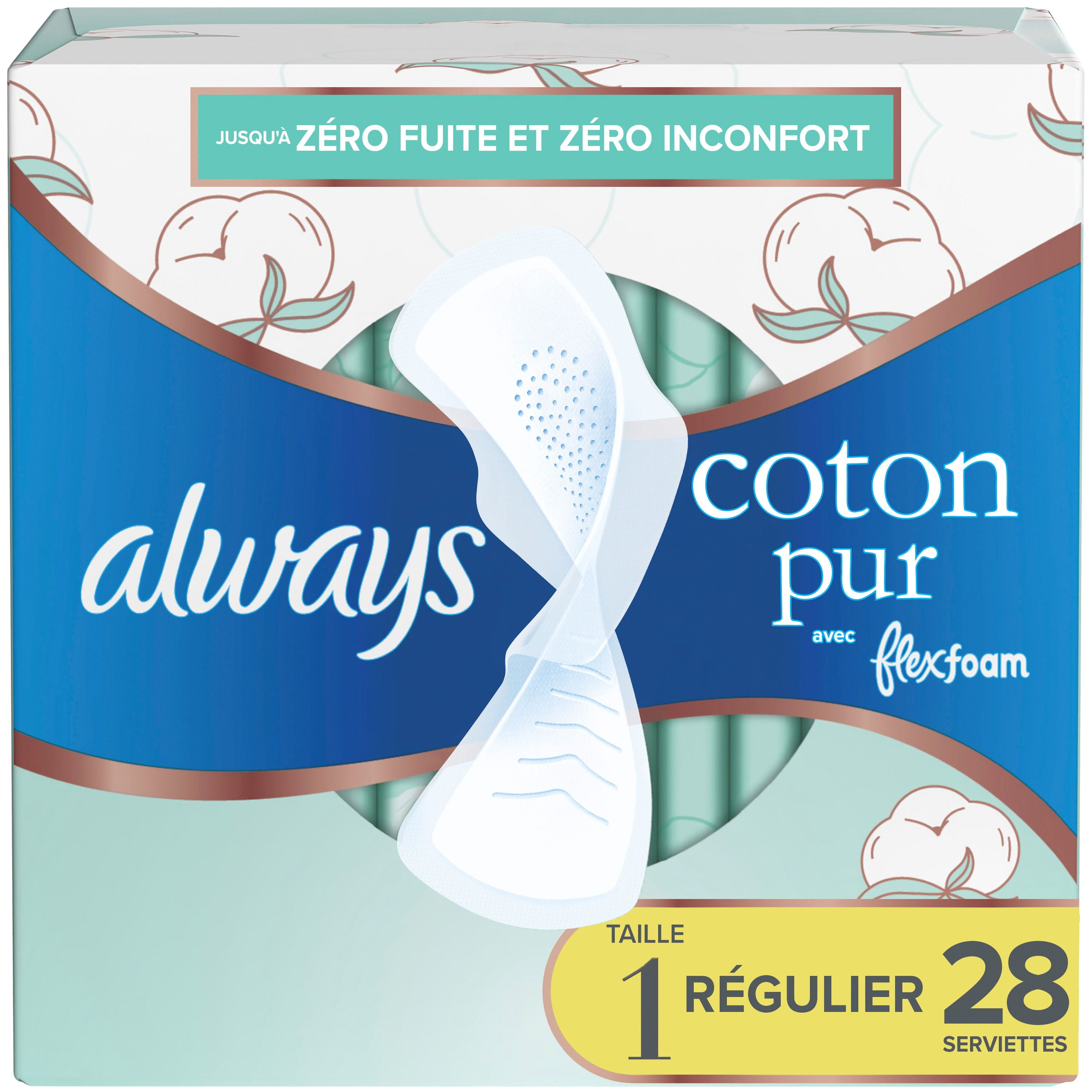 Serviettes féminines Always Pur coton pour femmes, serviettes avec ailes Flexfoam, taille1, degré d’absorption régulier, non parfumées, 28serviettes 28CT