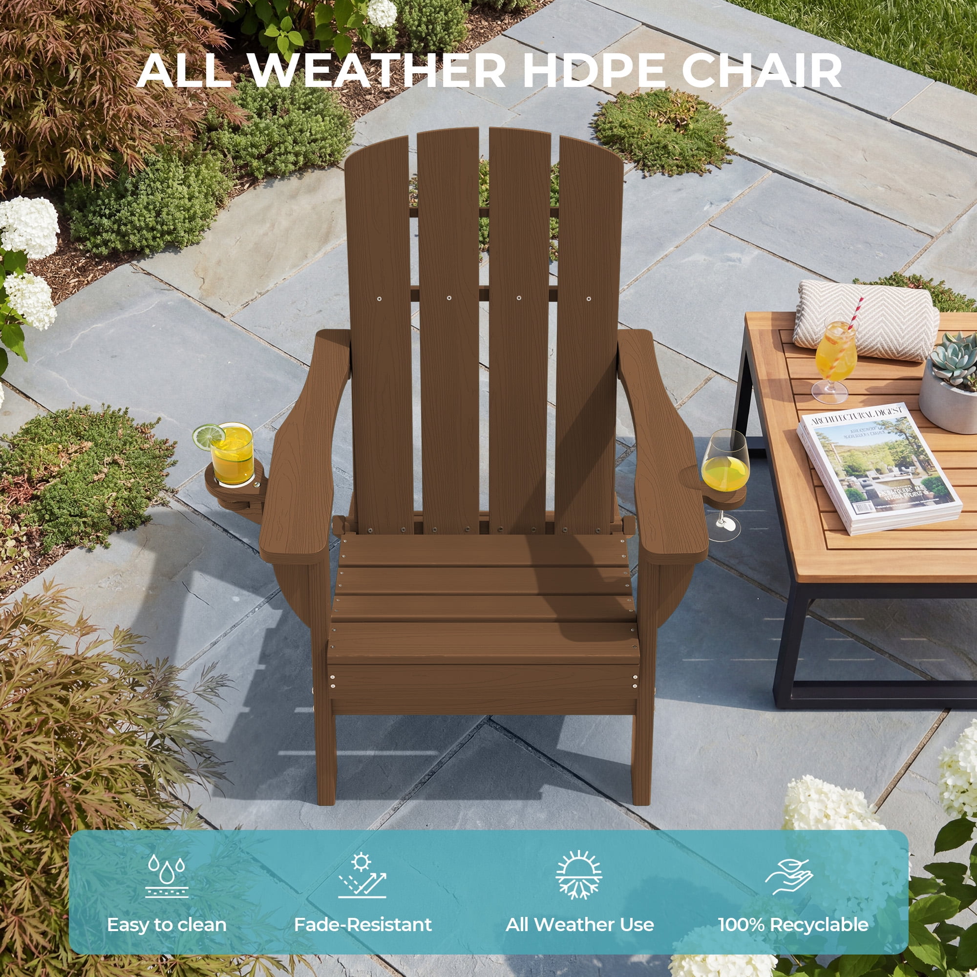 Adirondack Chair Set of 2, Outdoor Folding All-Weather HDPE Adirondack Chairs with 2 Cup Holders for Patio, Brown