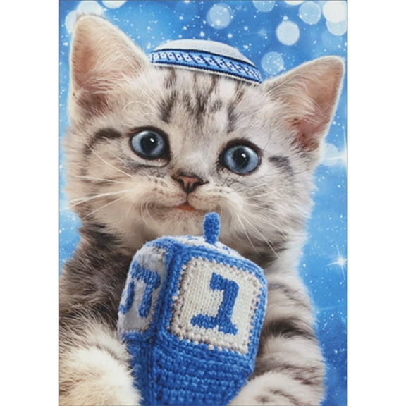 Avanti Press Grey Kitten Wearing Yarmulke and Holding Knit Dreidel Pack of 10 Hanukkah Cards