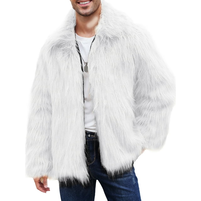 SUNSIOM Men's Fuffy Faux Fur Winter Coat Long Sleeve Lapel Collar Button Closure Jacket Overcoat Outwear