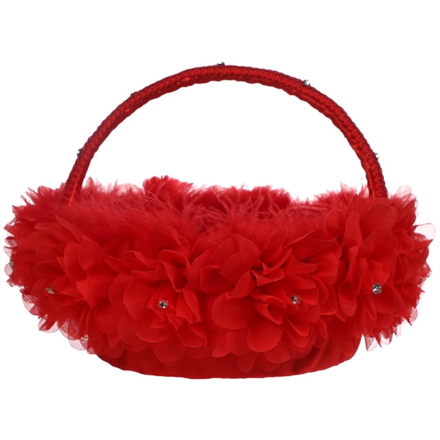 Injueey Cesta de flores para niñas, mango de diamantes de imitación, pluma de encaje, organizador de fiesta de boda occidental romántico, contenedor Kits de decoración para fiestas Rojo Injueey HA065580-03