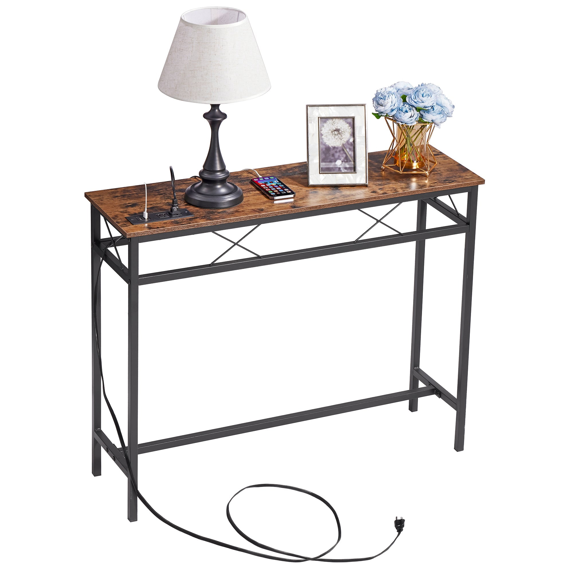 VECELO Console Table with 2 Outlet and 2 USB Ports, 39.4" Narrow Sofa Table for Entryway