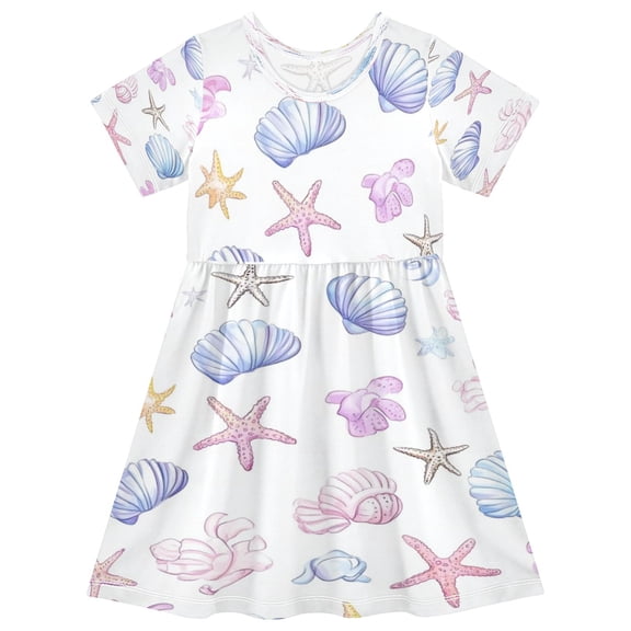 Girls Short Sleeve A-Line Dress Watercolor Seashells Play Dress Sizes 2T