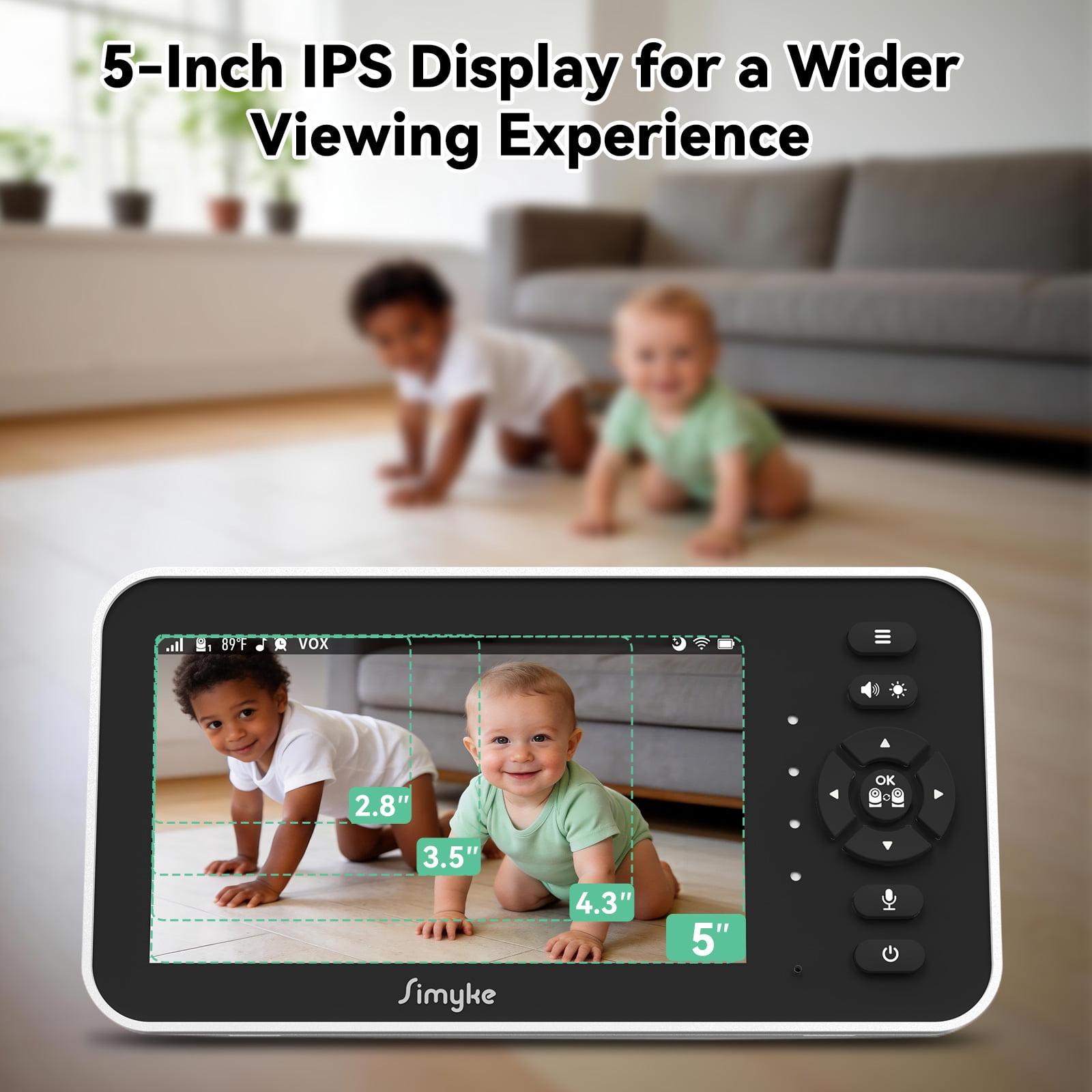 Simyke 2Camera Video Baby Monitor with Audio,5'' IPS Screen,720P HD,App,Remote Pan/Tilt/Zoom,5Lullabies,Feeding Remind,HD Night Vision, VOX,2-Way Talk,1500ft Long Range,Temperature Sensor