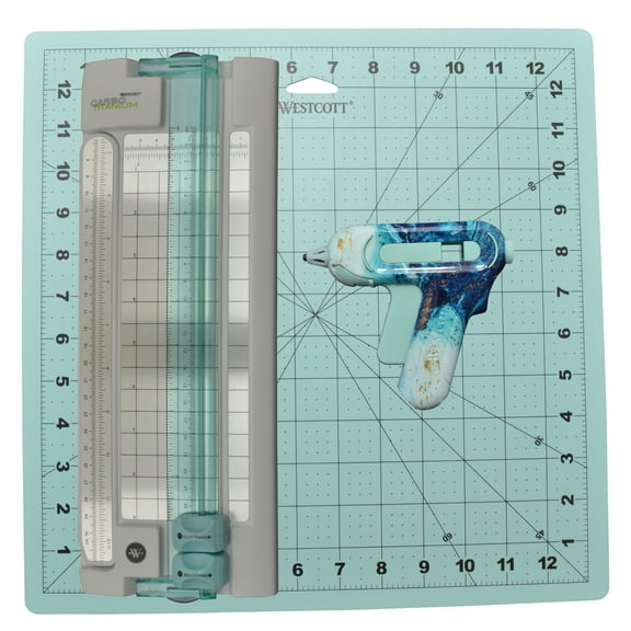 Westcott Paper Crafting Set, Trimmer, 9", Glue Gun, Craft Mat, 12"x12", Blue, 3-Pack