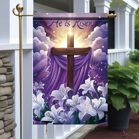 He Is Risen Garden Flag 12x18 Inch Double Sided Outdoor Yard Banner Easter Cross with Purple Cloth and White Lilies for Christian Spring Religious Decoration