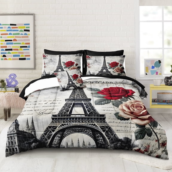 Vintage Paris Bedding Set Romantic Eiffel Tower Comforter Set King/Queen Size 8-Piece Parisian Style Duvet Set Elegant Rose Floral Quilt Soft Cozy French-Themed Bedding for Children Teen Adults with