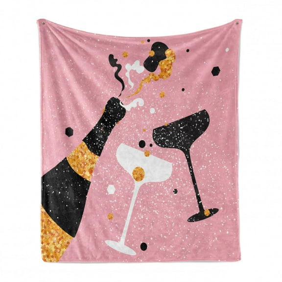 Champagne Soft Flannel Fleece Blanket, Party Time Cheers Vintage Bottle with Clinking Glasses Celebration, Cozy Plush for Indoor and Outdoor Use, 50" x 60", Pale Pink Marigold Black, by Ambesonne