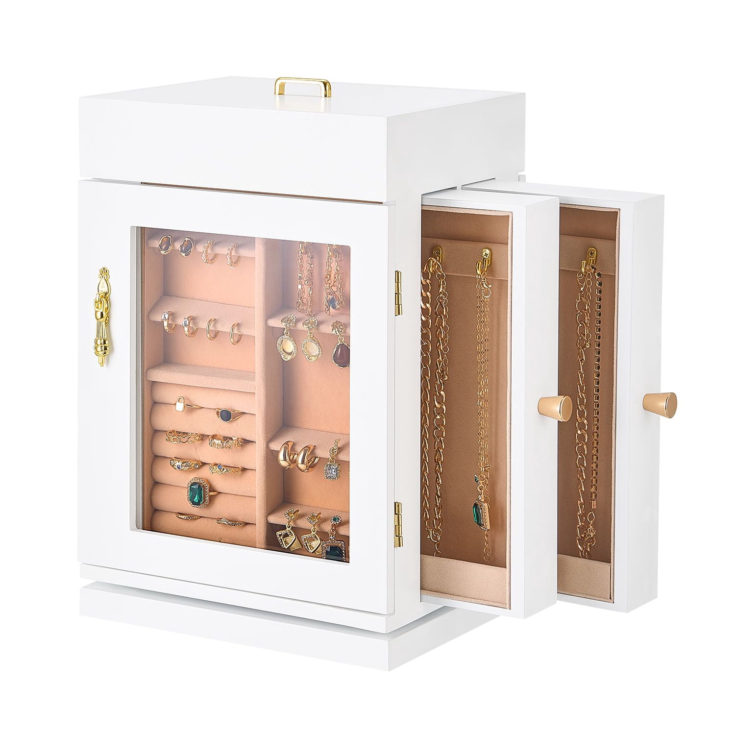 Jewelry Box Organizer with 360° Rotation, Magnetic Closure, Vertical Drawers, Metal Handle, for Rings Necklaces Earrings