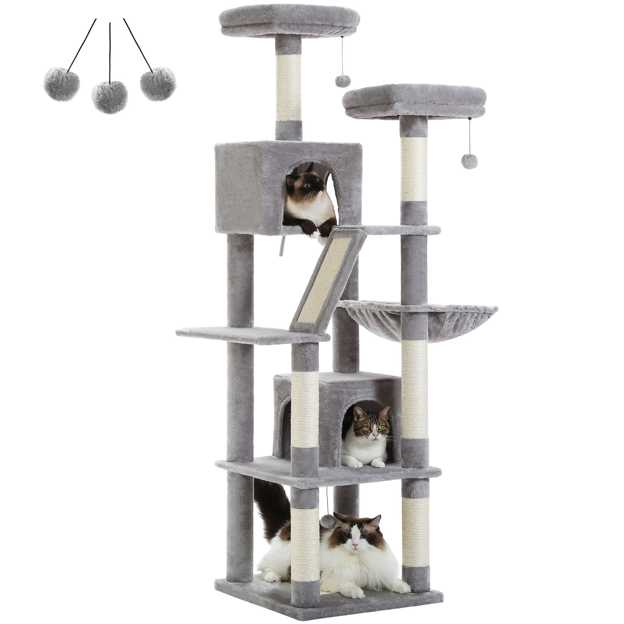 Pefilos 70" Large Cat Tree for Indoor Cats, Multi-Level Cat Tower Cat Scratching Post with 2 Perches, 2 Condos, Hammock and 2 Pompoms, Gray