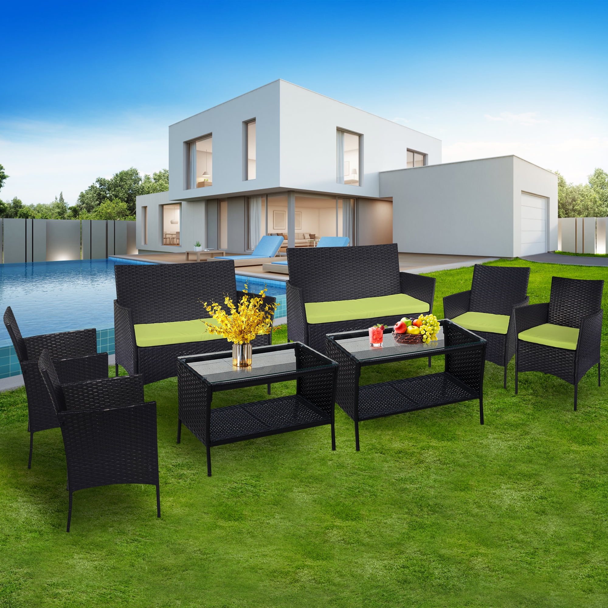 8 PCS Outdoor Patio Bistro Furniture Set, All-Weather Rattan Chair Set, Conversation Furniture Sets, Cushioned Seat & Glass Table, Bistro Table Set for Porch Garden Poolside Balcony, T203