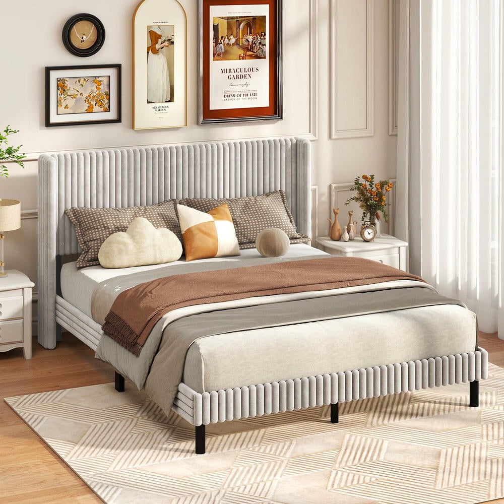 Barara King Queen Size Velvet Bedroom Bed Frame with Vertical Channel Tufted Wingback Headboard, Bed Platform Frame for Apartment, Bedroom, White