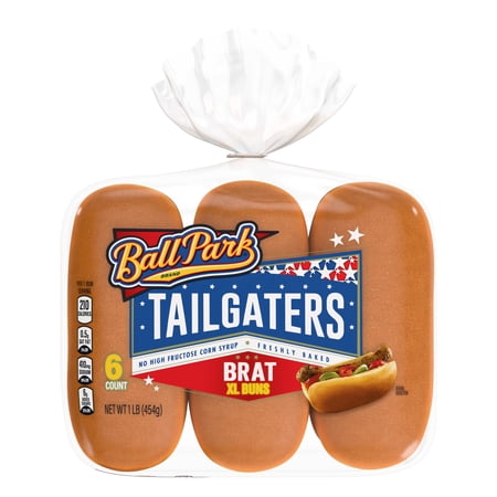 Ball Park Tailgaters Brat XL Buns, 6 count, White Large Hot Dog Buns, 16 oz Bag