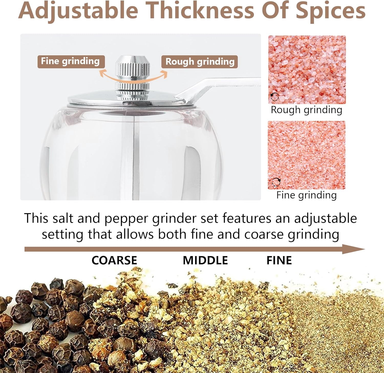 Salt And Pepper Grinder Set:Classical Hand Shake Spice Grinder,Adjustable Coarseness Grinder for Kitchen,Ceramic Blades and Metal Handle,Wooden Salt Grinder Refillable for Black Pepper,Sea Salt,2pcs