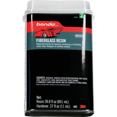 3M Bondo Fiberglass Resin 28.7 US Fl oz Filler with 0.37 Fl oz Hardener, Stage 2, Waterproof Formula for Repairing, Resurfacing, or Rebuilding Metal, Wood, Fiberglass or Masonry Surfaces (00402)