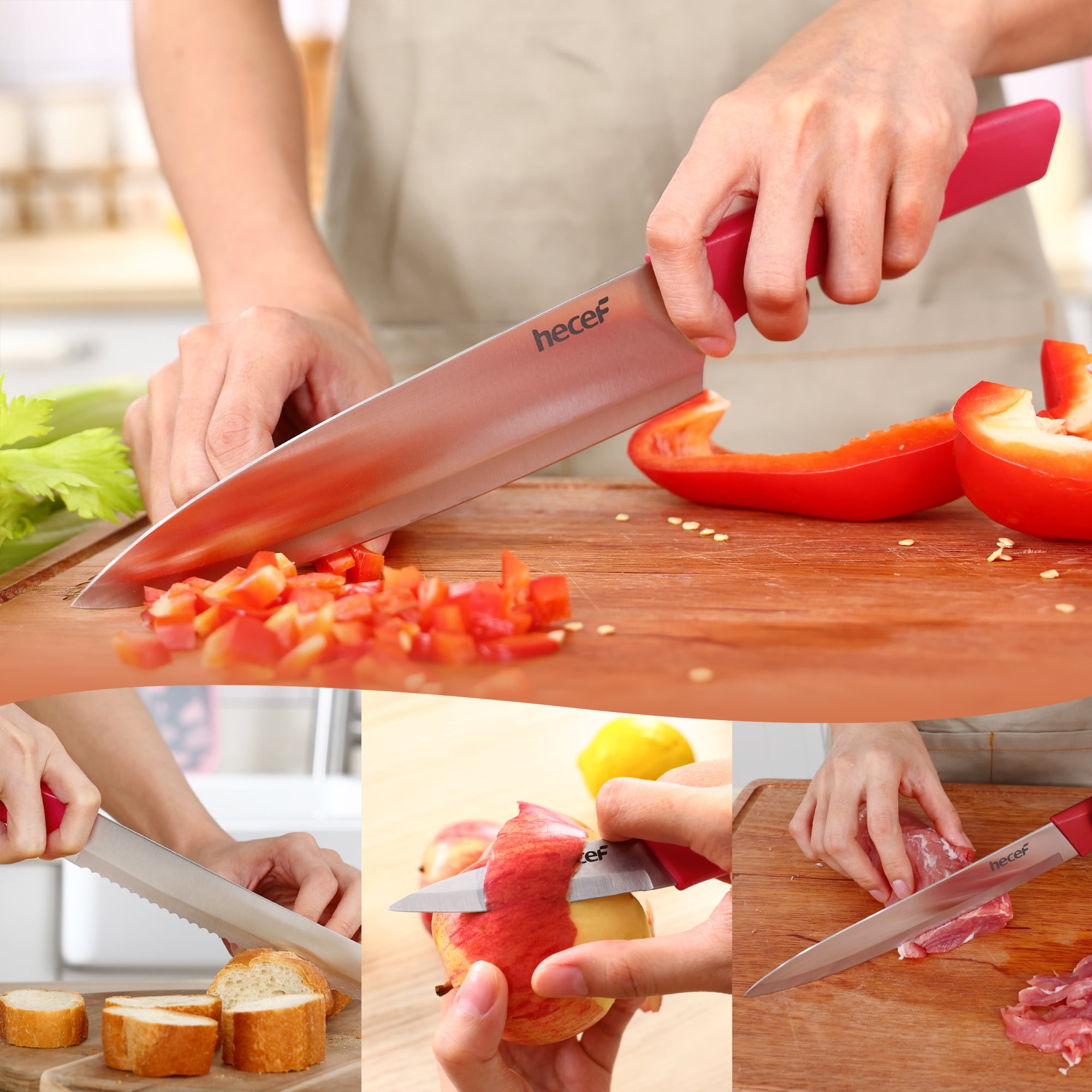 Hecef 12 Pcs Kitchen Knife Set with Wooden Block, Steak Knives, Stainless Steel Chef Knife