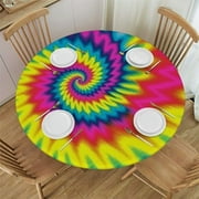 Awypu Colorful Tie Dye Rainbow Round Tablecloth with Elastic Edged Fitted Table Cloths Cover Mat Washable Polyester Spill Proof Table Covers for Indoor outdoor Dinning Patio Table White