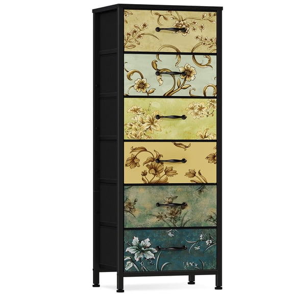 6 Drawers Dresser for Bedroom, Vintage Storage Organizer Unit | Tall Nightstand with Fabric Drawers, Retro Floral Pattern, Skinny Dresser for Closet, Dorm, Entryway, Metal Frame, Wood Top