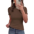 thumbnail image 4 of PRETTYGARDEN Short Sleeve T Shirts for Women Summer Clothes Casual Spring Tops Ruffle Mock Neck Ribbed Fitted Basic Tees, 4 of 9