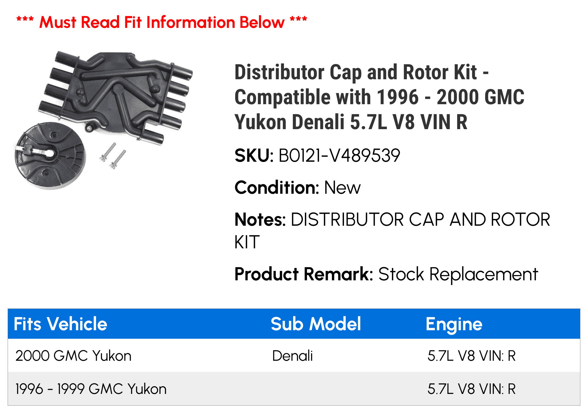 Distributor Cap and Rotor Kit - Compatible with 1996 - 2000 GMC Yukon Denali 5.7L V8 VIN R 1997 1998 1999