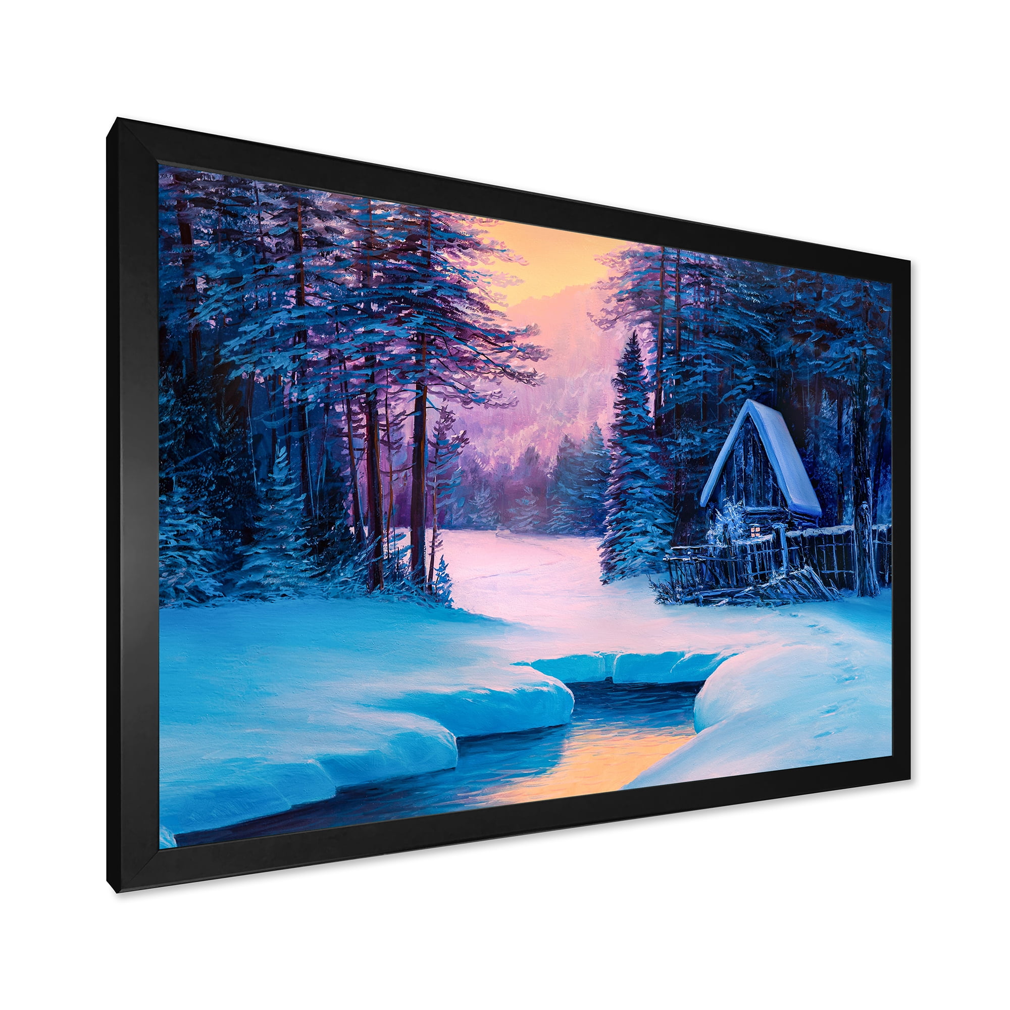 Designart 'The River House In The Woods and Winter Landscape II' Lake House Framed Art Print