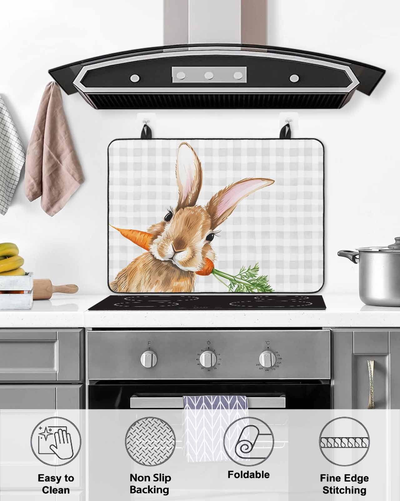 Large Induction Cooktop Protector Mat Easter Bunny Stove Top Covers for Electric Stove, Spring Rabbits Carrots Gray Buffalo Plaid Decorative Stove Burner Cover Mats, Glass Top Stove Cover