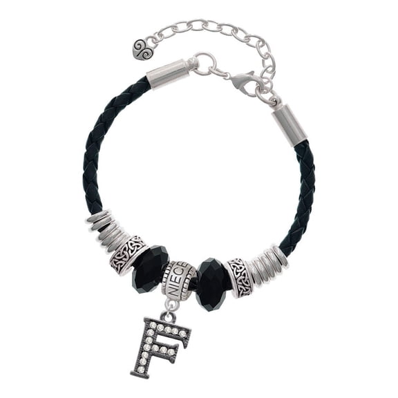 Delight Jewelry Black Nickeltone Crystal Initial - F - Beaded Border - Niece Celtic Knot Leather Bead Bracelet, 7" 2" Extender