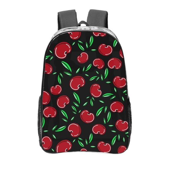 Honeii Cherry Print Clear Backpack Heavy Duty Transparent Bag 17" See Through BookBag for Women Men Adults Work Festival Sports Travel